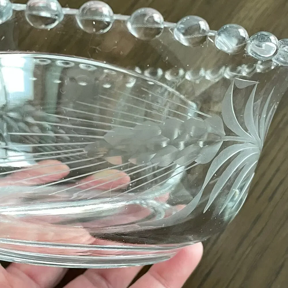 Imperial Candlewick Divided Etched Glass Bowl Bead Edge Wheat Serving Elegant